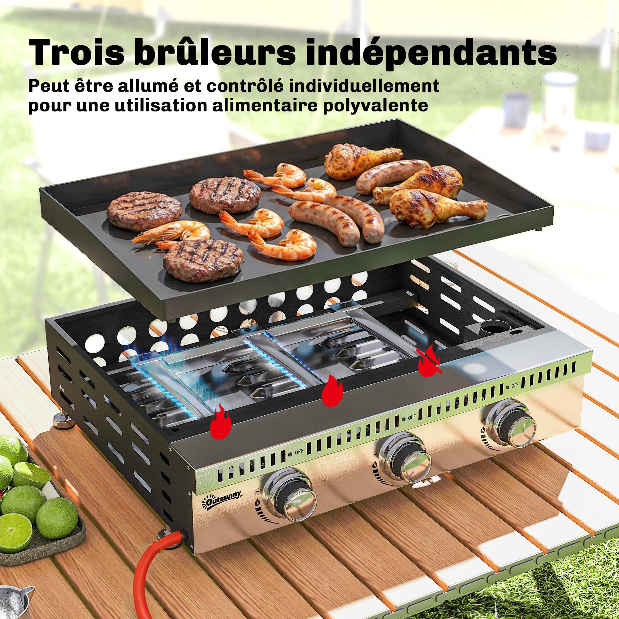 Plancha gaz 9 kW 3 brûleurs en acier inoxydable, surface cuisson 56,5 x 33 cm, bac de récupération des graisses, noir - Image 6