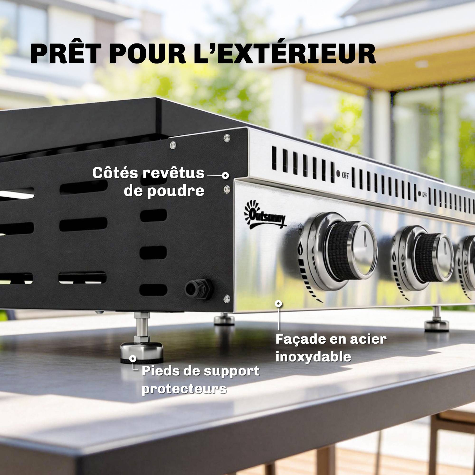 Plancha gaz 9 kW 3 brûleurs en acier inoxydable, surface cuisson 56,5 x 33 cm, bac de récupération des graisses, noir - Image 9