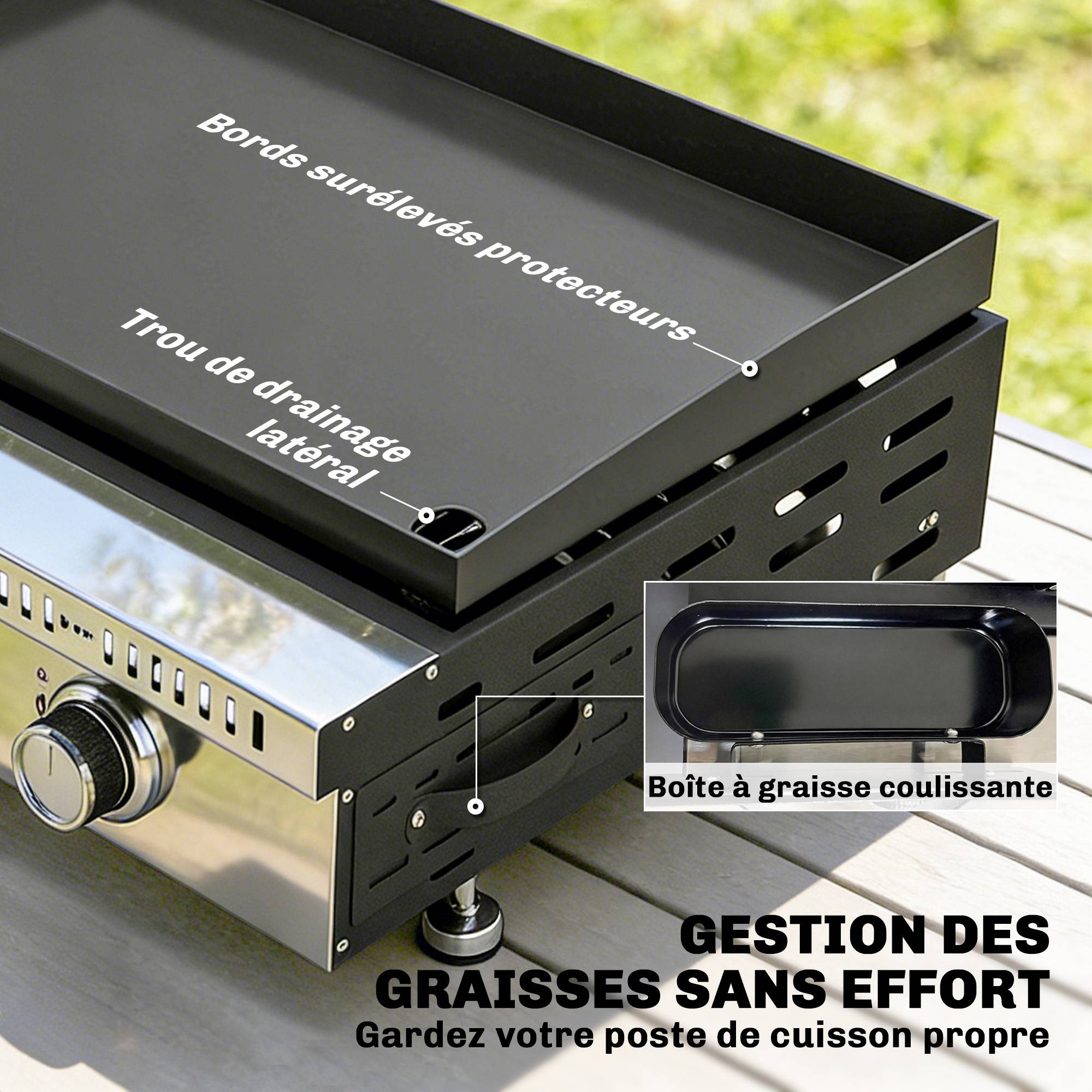 Plancha gaz 9 kW 3 brûleurs en acier inoxydable, surface cuisson 56,5 x 33 cm, bac de récupération des graisses, noir - Image 8