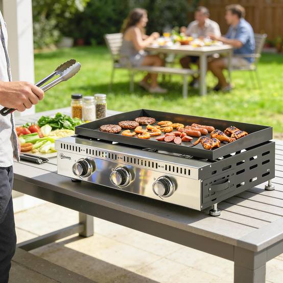 Plancha gaz 9 kW 3 brûleurs en acier inoxydable, surface cuisson 56,5 x 33 cm, bac de récupération des graisses, noir - Image 3