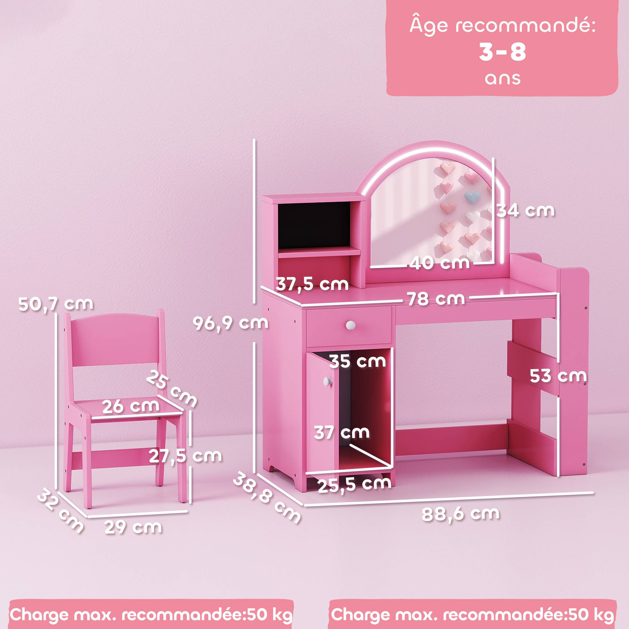Sans Marque - Coiffeuse pour enfants avec tabouret et miroir LED, table de maquillage pour 3 à 8 ans, 88,6 x 38,8 x 96,9 cm, rose - Image 5
