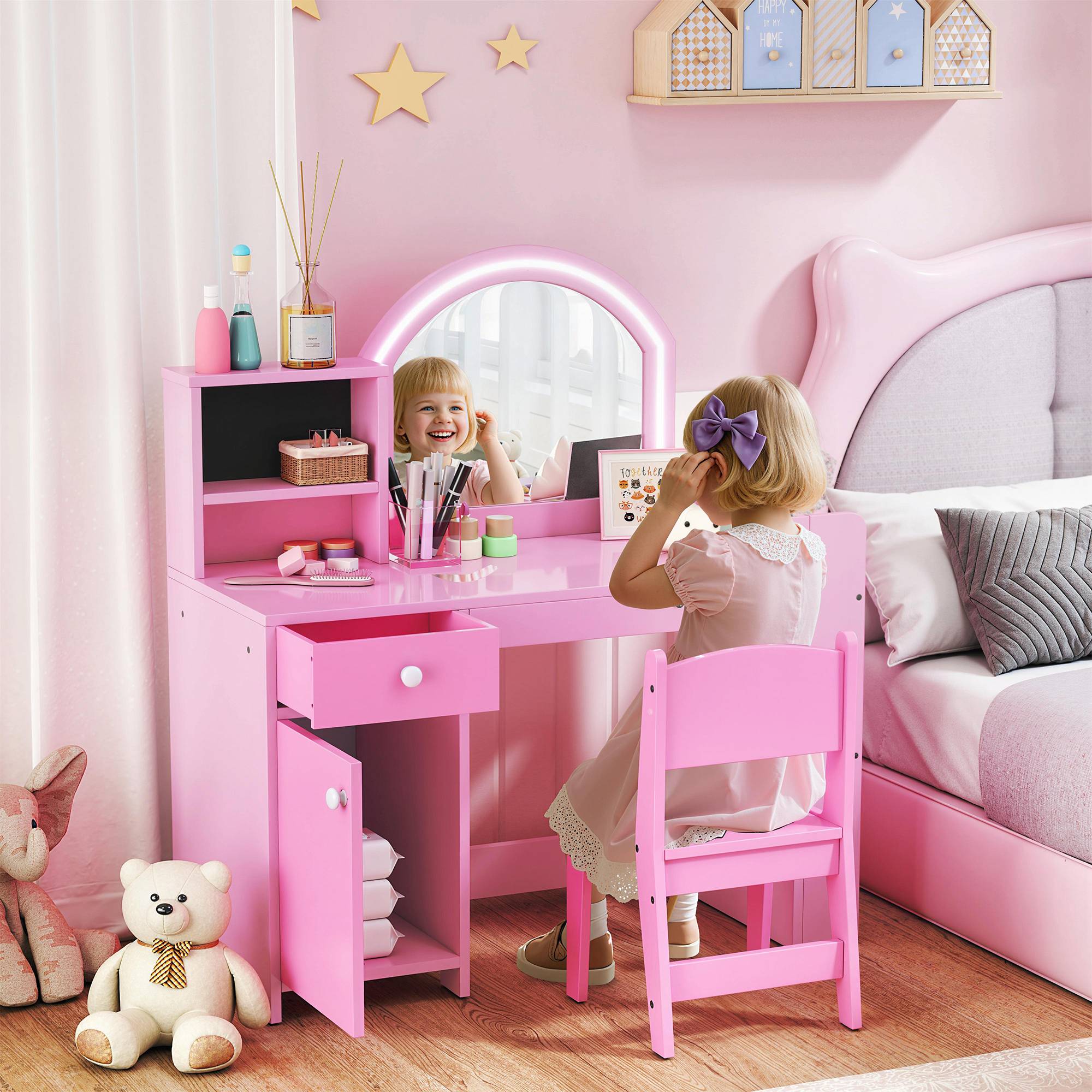 Sans Marque - Coiffeuse pour enfants avec tabouret et miroir LED, table de maquillage pour 3 à 8 ans, 88,6 x 38,8 x 96,9 cm, rose - Image 3