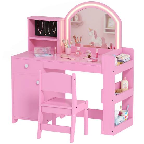 Sans Marque - Coiffeuse pour enfants avec tabouret et miroir LED, table de maquillage pour 3 à 8 ans, 88,6 x 38,8 x 96,9 cm, rose - Image 1