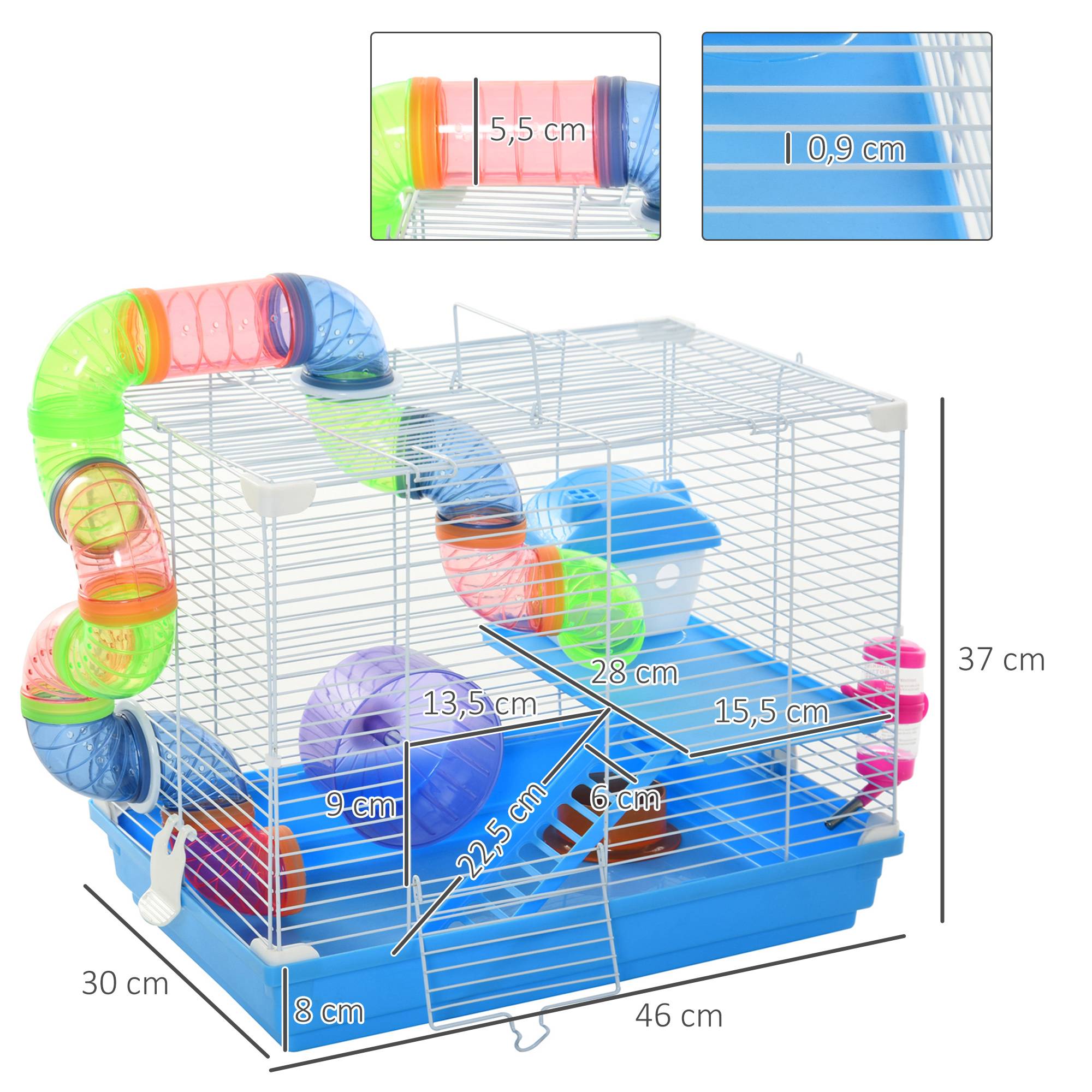 Pawhut - Cage à hamster rongeur 2 niveaux avec tunnel, biberon eau, roue, maisonnette, échelles - dim. 46L x 30l x 37H cm - métal blanc PP bleu - Image 3
