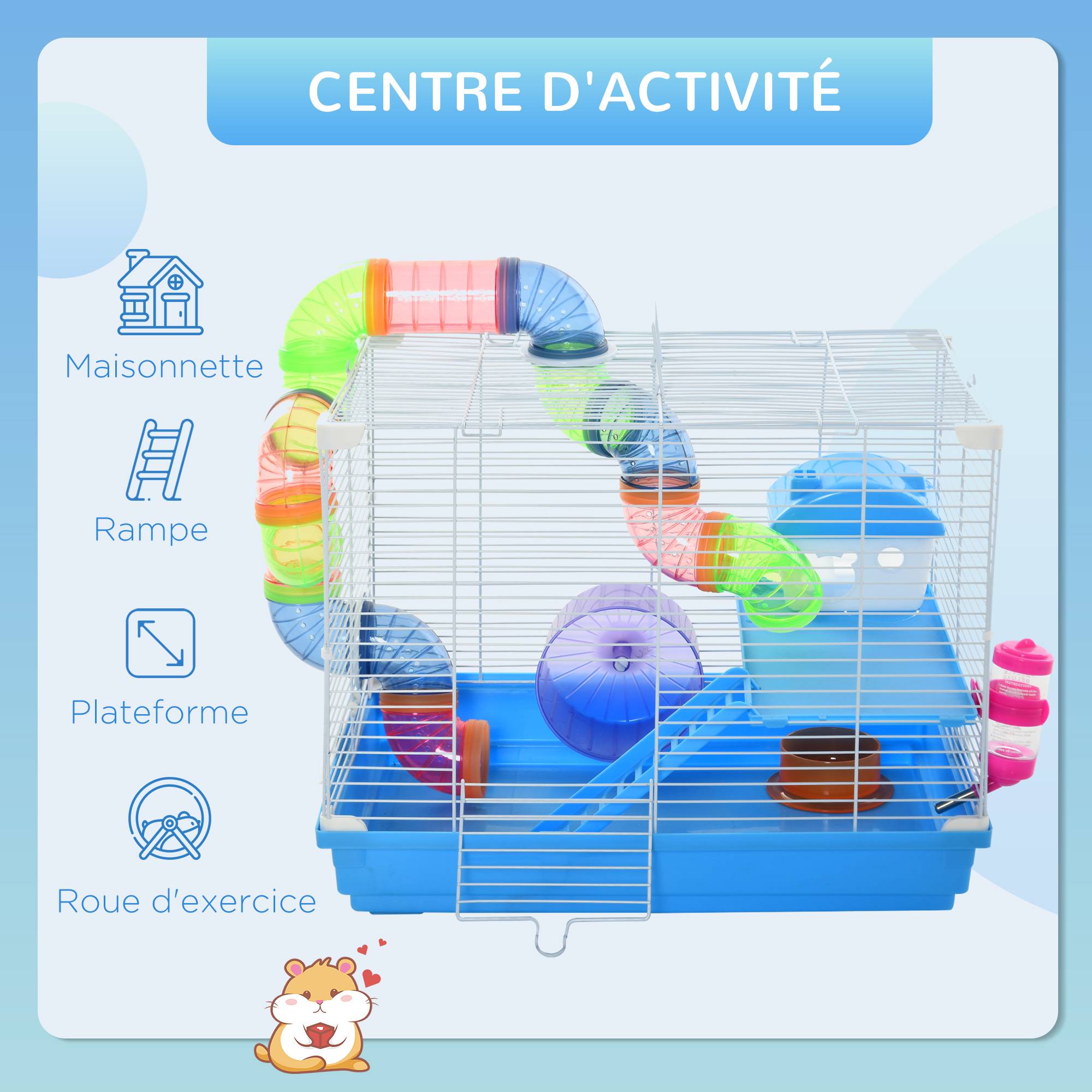 Pawhut - Cage à hamster rongeur 2 niveaux avec tunnel, biberon eau, roue, maisonnette, échelles - dim. 46L x 30l x 37H cm - métal blanc PP bleu - Image 4