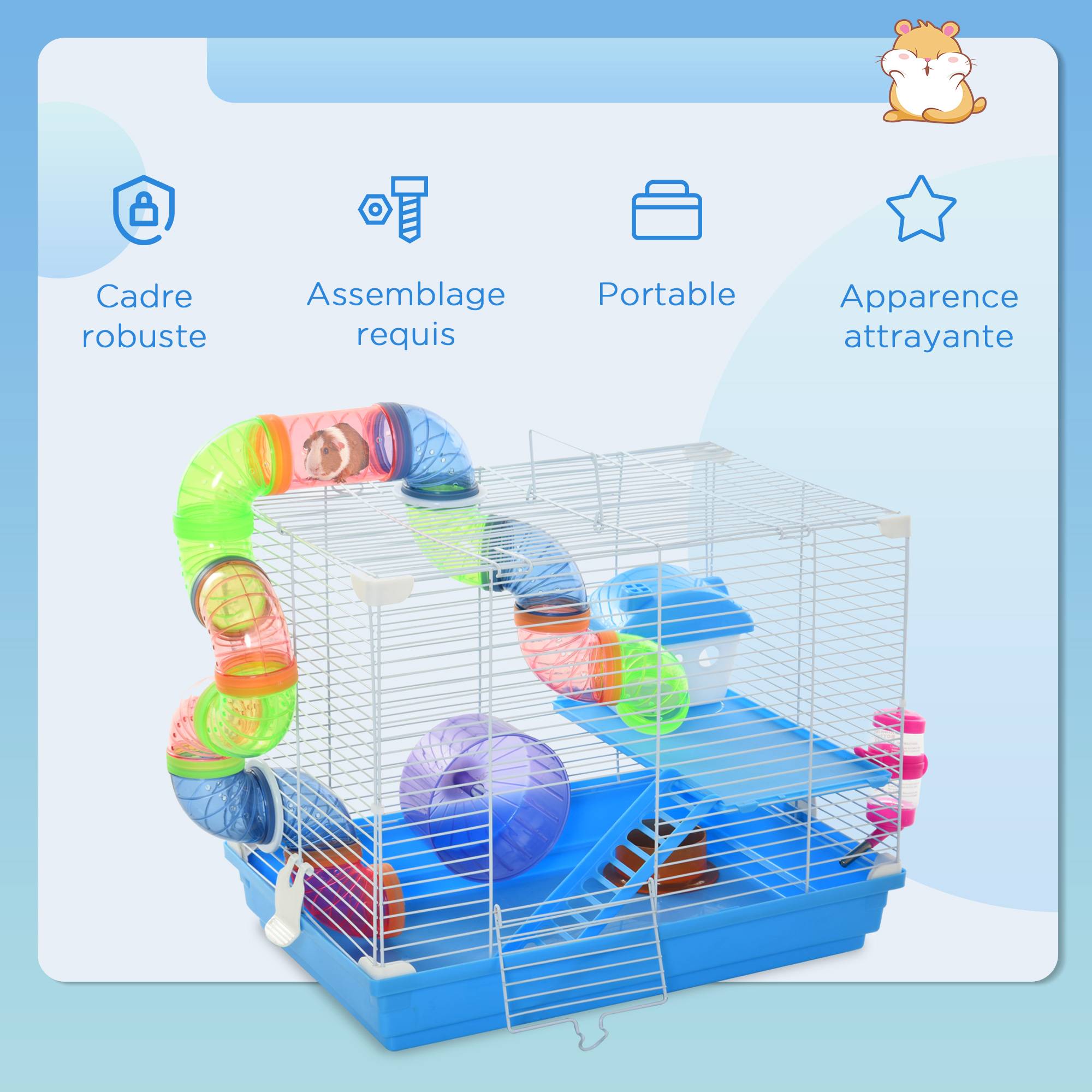 Pawhut - Cage à hamster rongeur 2 niveaux avec tunnel, biberon eau, roue, maisonnette, échelles - dim. 46L x 30l x 37H cm - métal blanc PP bleu - Image 7