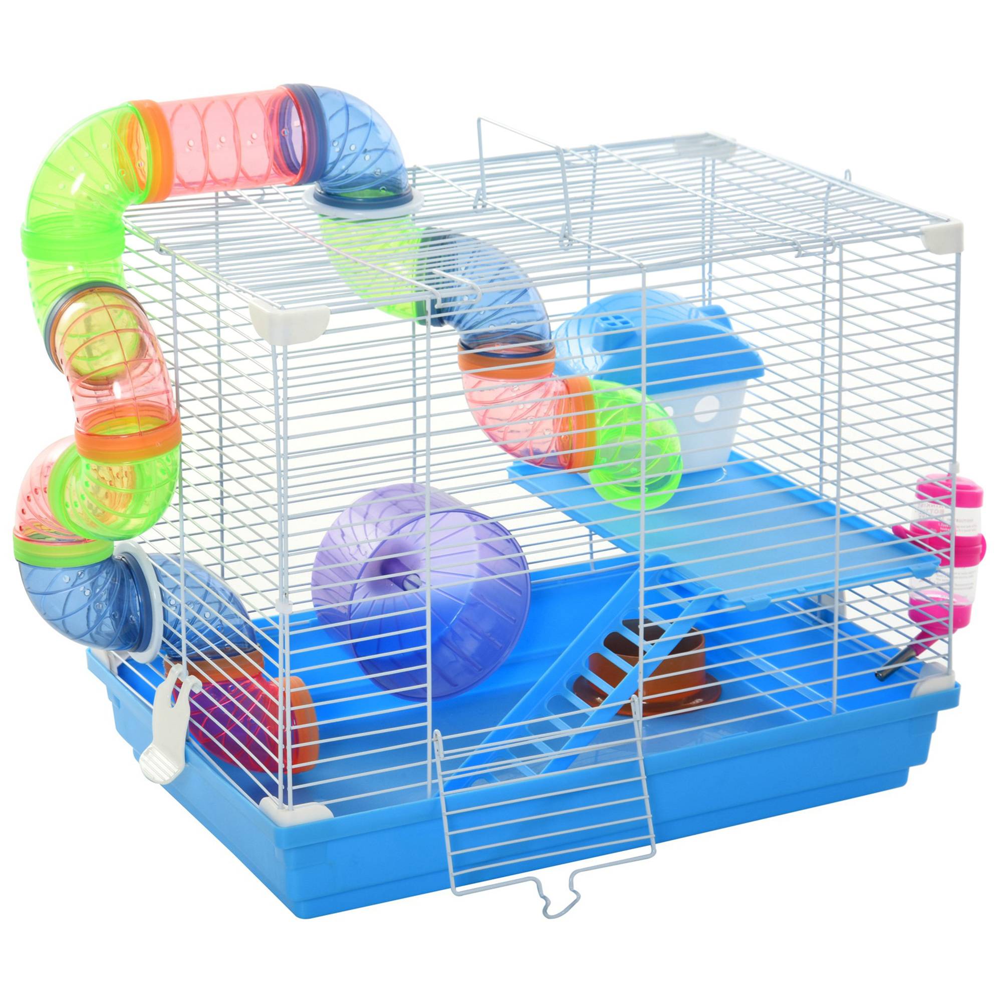 Pawhut - Cage à hamster rongeur 2 niveaux avec tunnel, biberon eau, roue, maisonnette, échelles - dim. 46L x 30l x 37H cm - métal blanc PP bleu