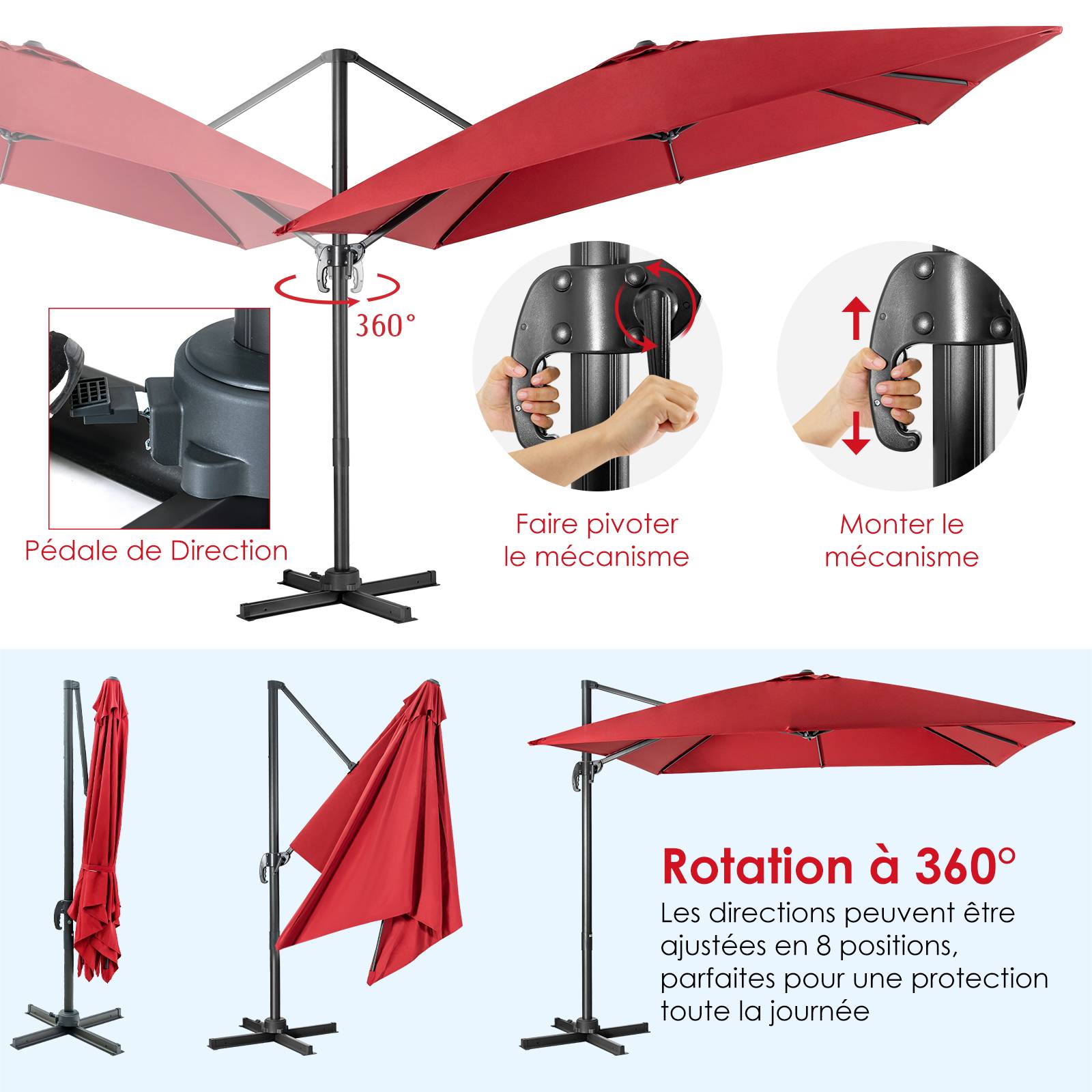 Costway - Parasol Déporté Inclinable 3x3M, Parasol de Jardin Extérieur Pliable, Base Croisée Rotatifà 360° Protection UV, Vin-Rouge - Image 7