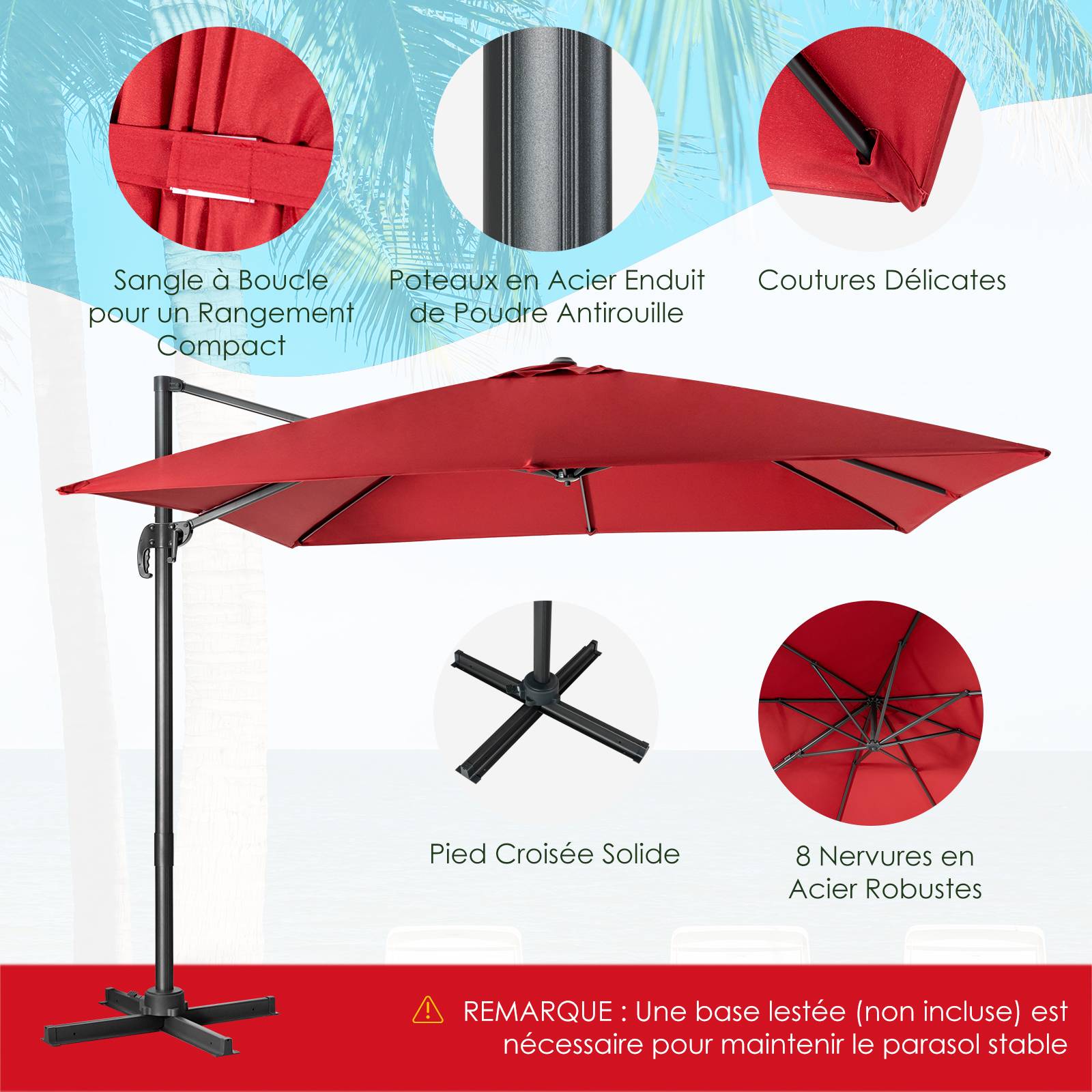 Costway - Parasol Déporté Inclinable 3x3M, Parasol de Jardin Extérieur Pliable, Base Croisée Rotatifà 360° Protection UV, Vin-Rouge - Image 5