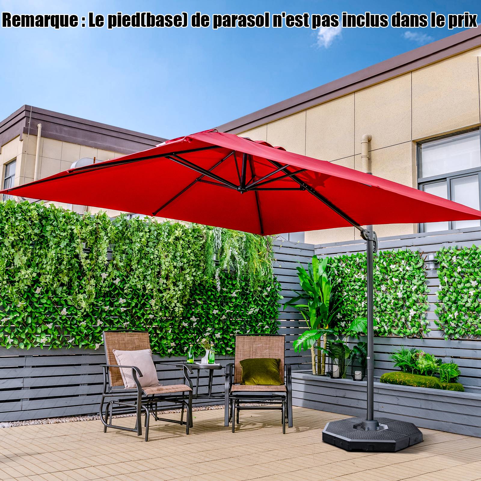 Costway - Parasol Déporté Inclinable 3x3M, Parasol de Jardin Extérieur Pliable, Base Croisée Rotatifà 360° Protection UV, Vin-Rouge - Image 2