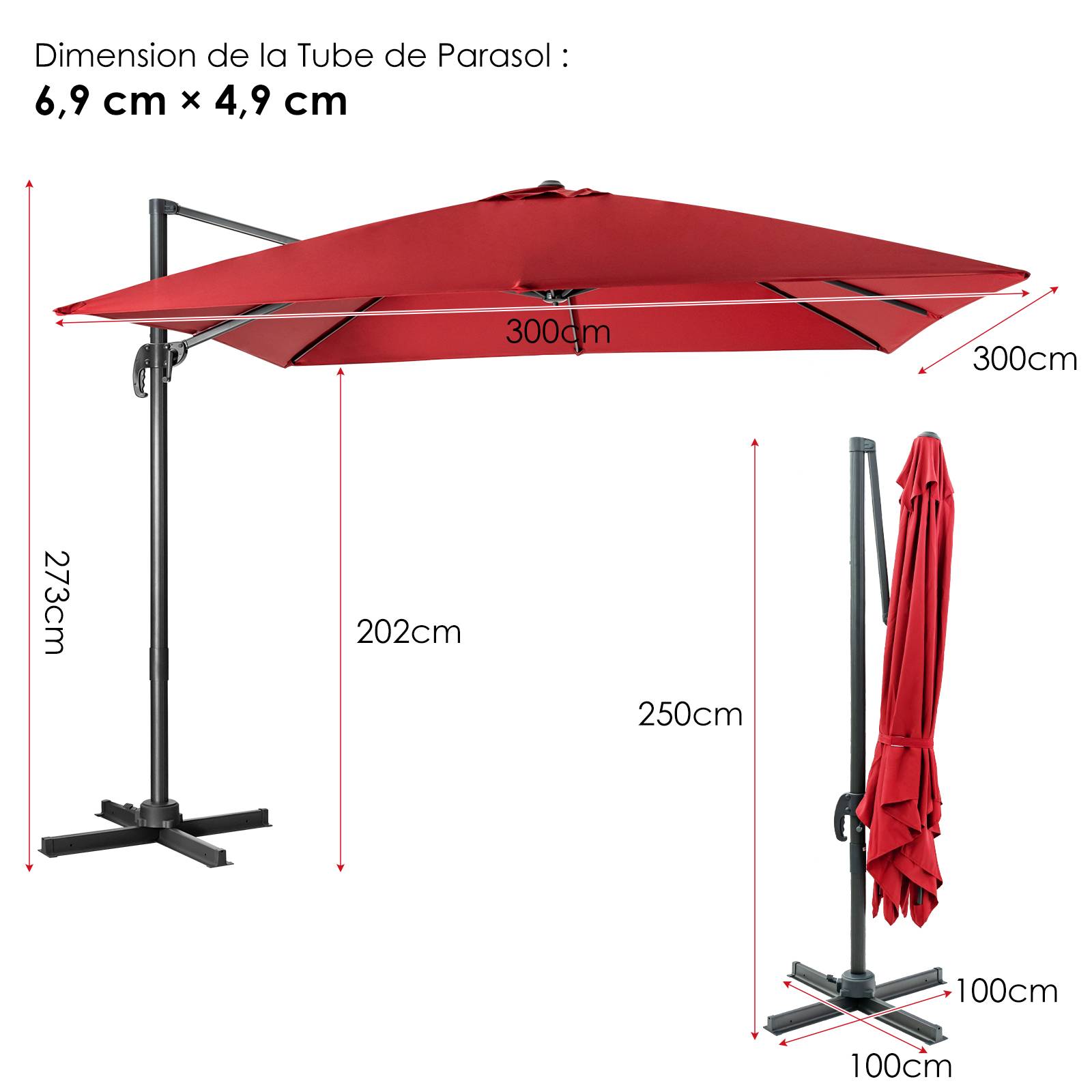 Costway - Parasol Déporté Inclinable 3x3M, Parasol de Jardin Extérieur Pliable, Base Croisée Rotatifà 360° Protection UV, Vin-Rouge - Image 3