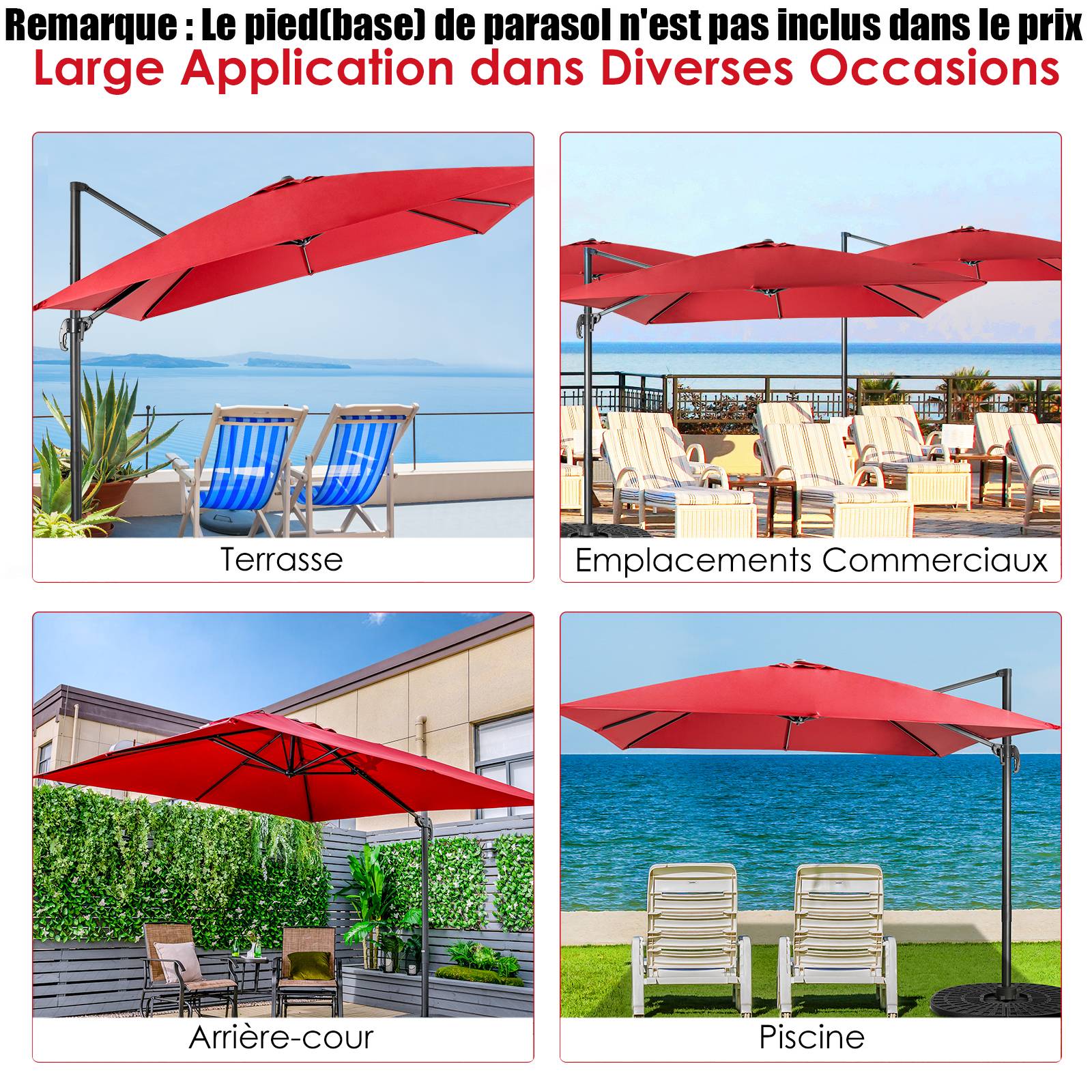 Costway - Parasol Déporté Inclinable 3x3M, Parasol de Jardin Extérieur Pliable, Base Croisée Rotatifà 360° Protection UV, Vin-Rouge - Image 8