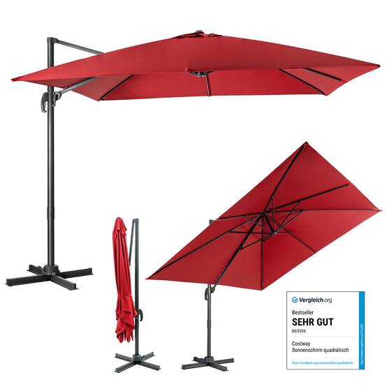 Costway - Parasol Déporté Inclinable 3x3M, Parasol de Jardin Extérieur Pliable, Base Croisée Rotatifà 360° Protection UV, Vin-Rouge - Image 1