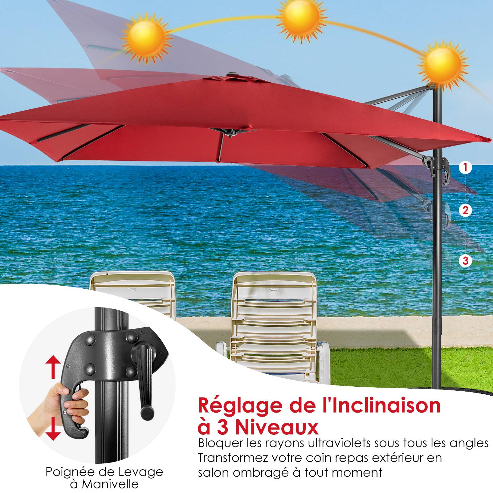 Costway - Parasol Déporté Inclinable 3x3M, Parasol de Jardin Extérieur Pliable, Base Croisée Rotatifà 360° Protection UV, Vin-Rouge - Image 6