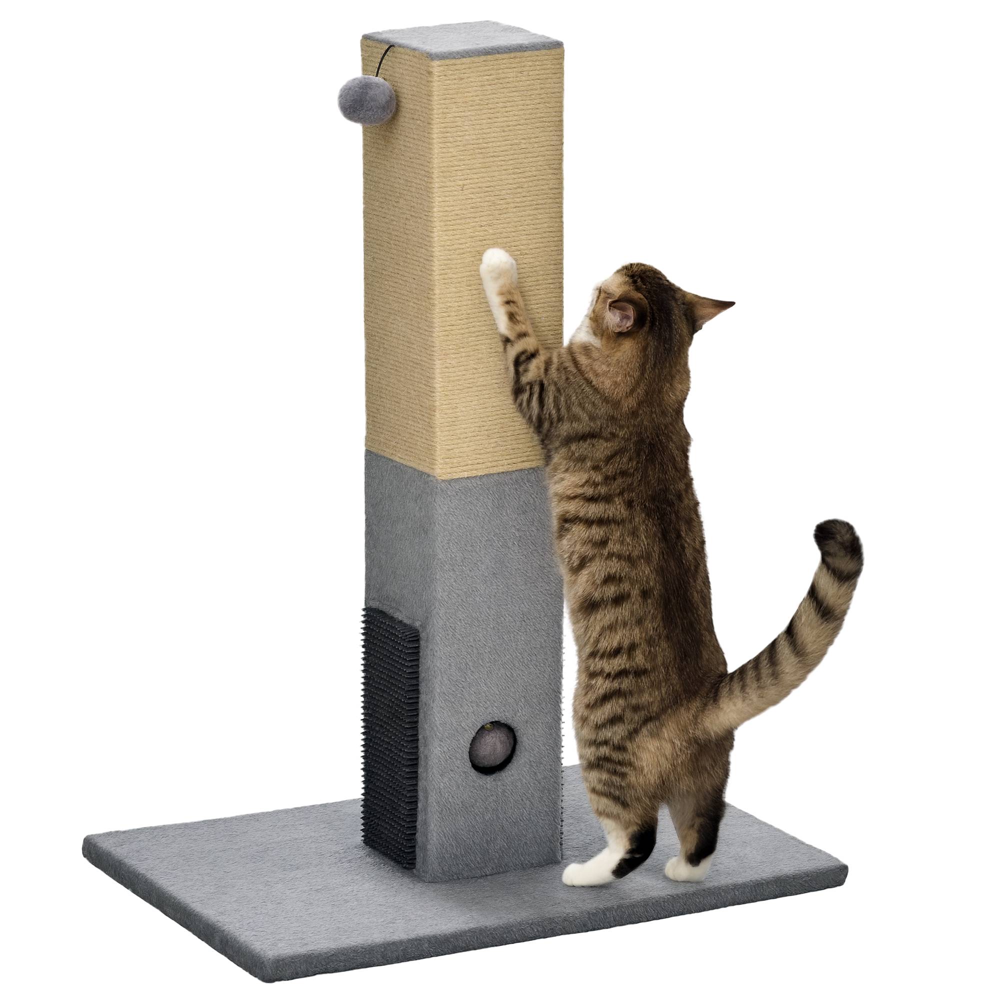 Arbre à chat avec 2 balles et brosse, en bois, jute et peluche, 59,5 x 39 x 79 cm, gris