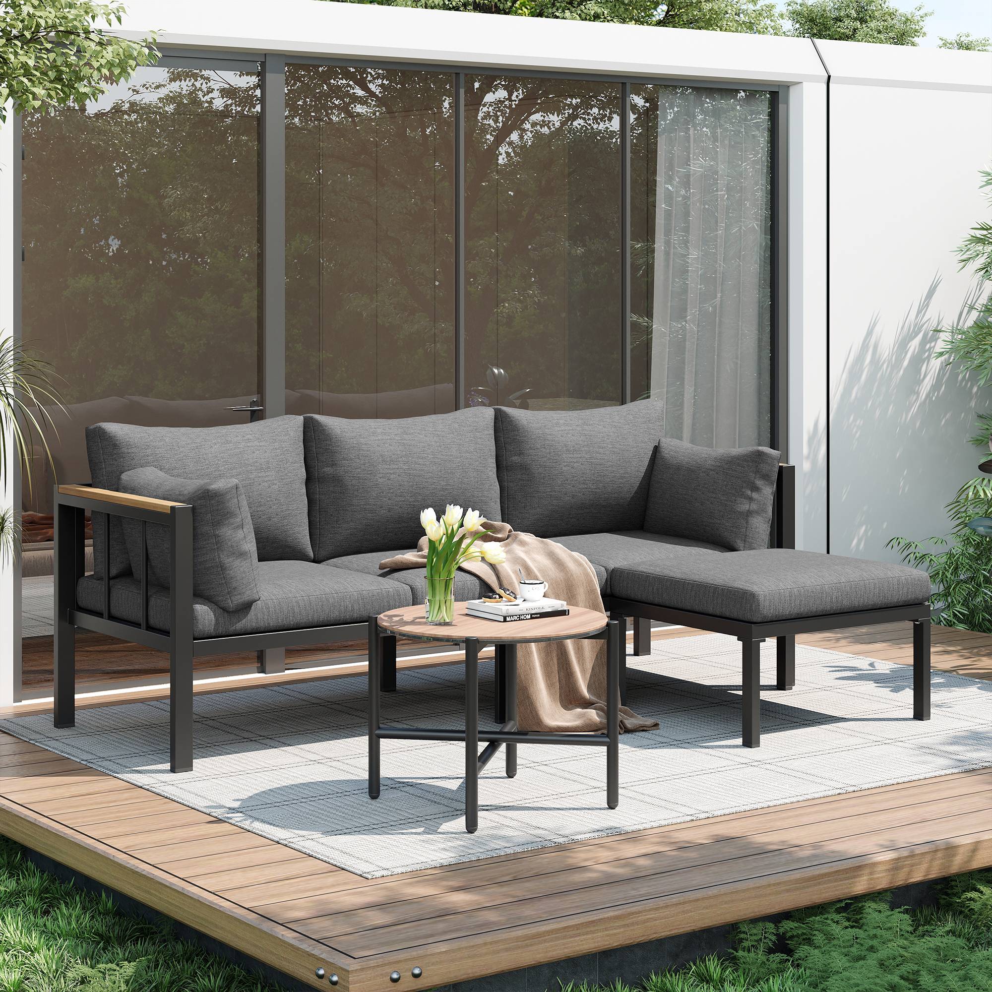 Salon de Jardin avec Canapé d'angle Table Basse et Pouf pour terrasse Polyester Gris - Image 4
