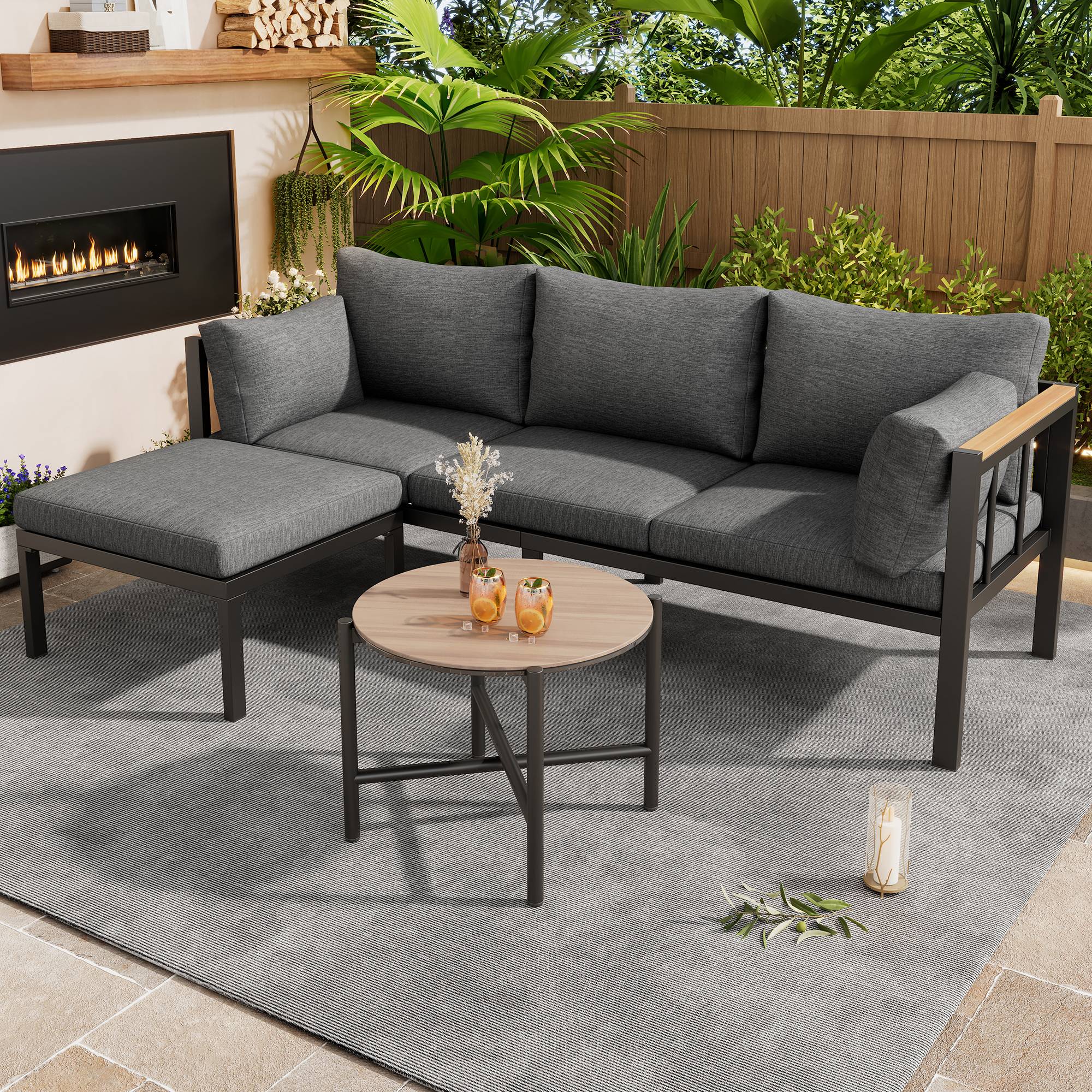 Salon de Jardin avec Canapé d'angle Table Basse et Pouf pour terrasse Polyester Gris - Image 2