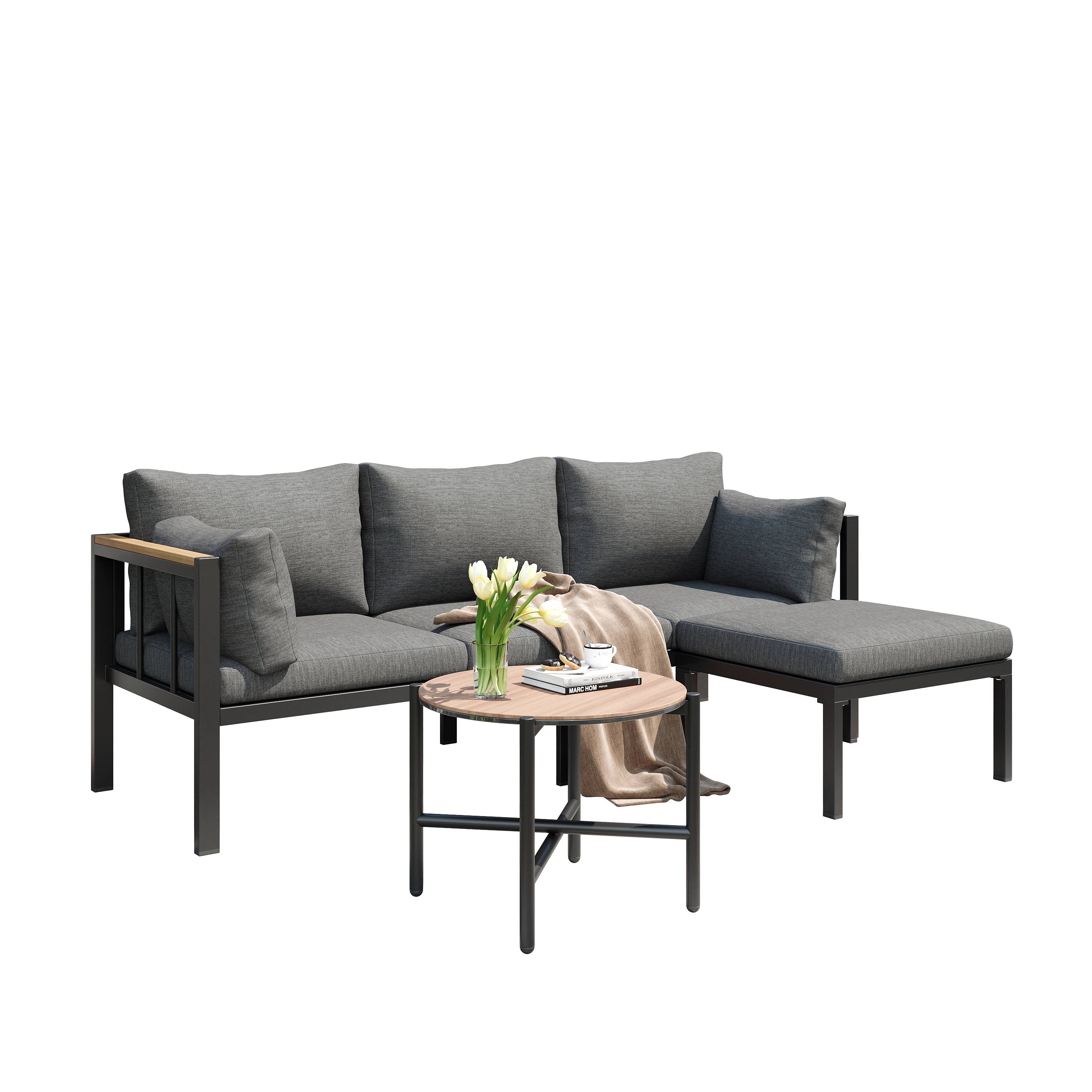 Salon de Jardin avec Canapé d'angle Table Basse et Pouf pour terrasse Polyester Gris