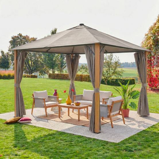 Tonnelle 3x3m aluminium effet bois avec rideaux et led beige - Veluna | sweeek - Image 1