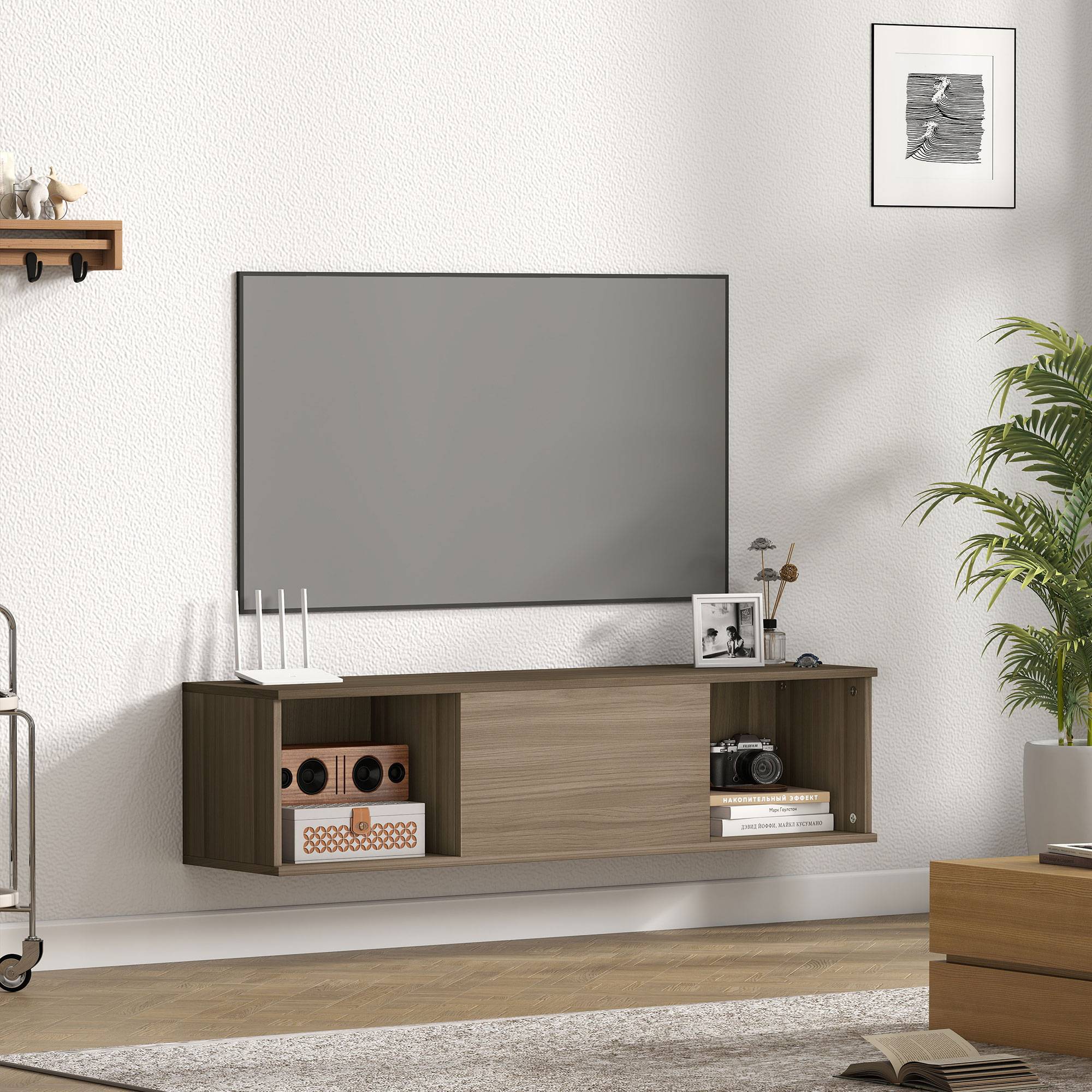 Sans Marque - Meuble TV suspendu armoire murale 2 compartiments ouverts porte rabattable 120x30x29,5 cm marron - Image 4