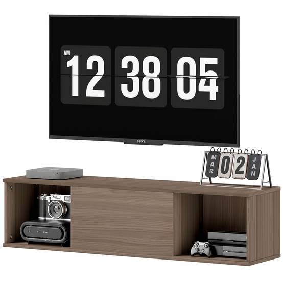 Sans Marque - Meuble TV suspendu armoire murale 2 compartiments ouverts porte rabattable 120x30x29,5 cm marron - Image 2