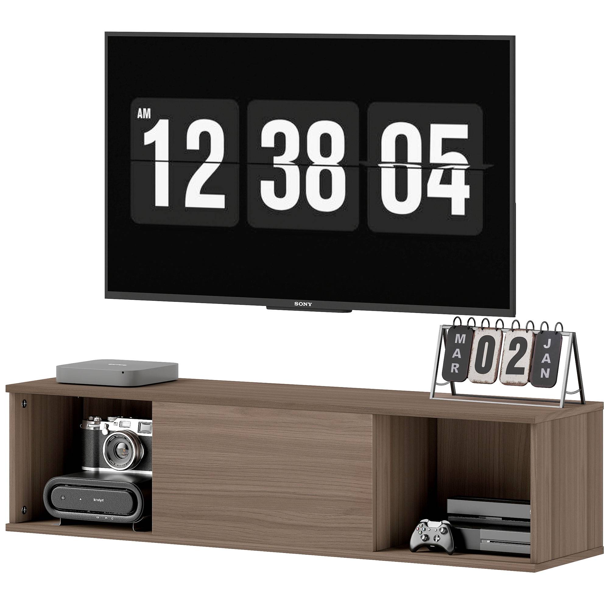 Sans Marque - Meuble TV suspendu armoire murale 2 compartiments ouverts porte rabattable 120x30x29,5 cm marron - Image 2