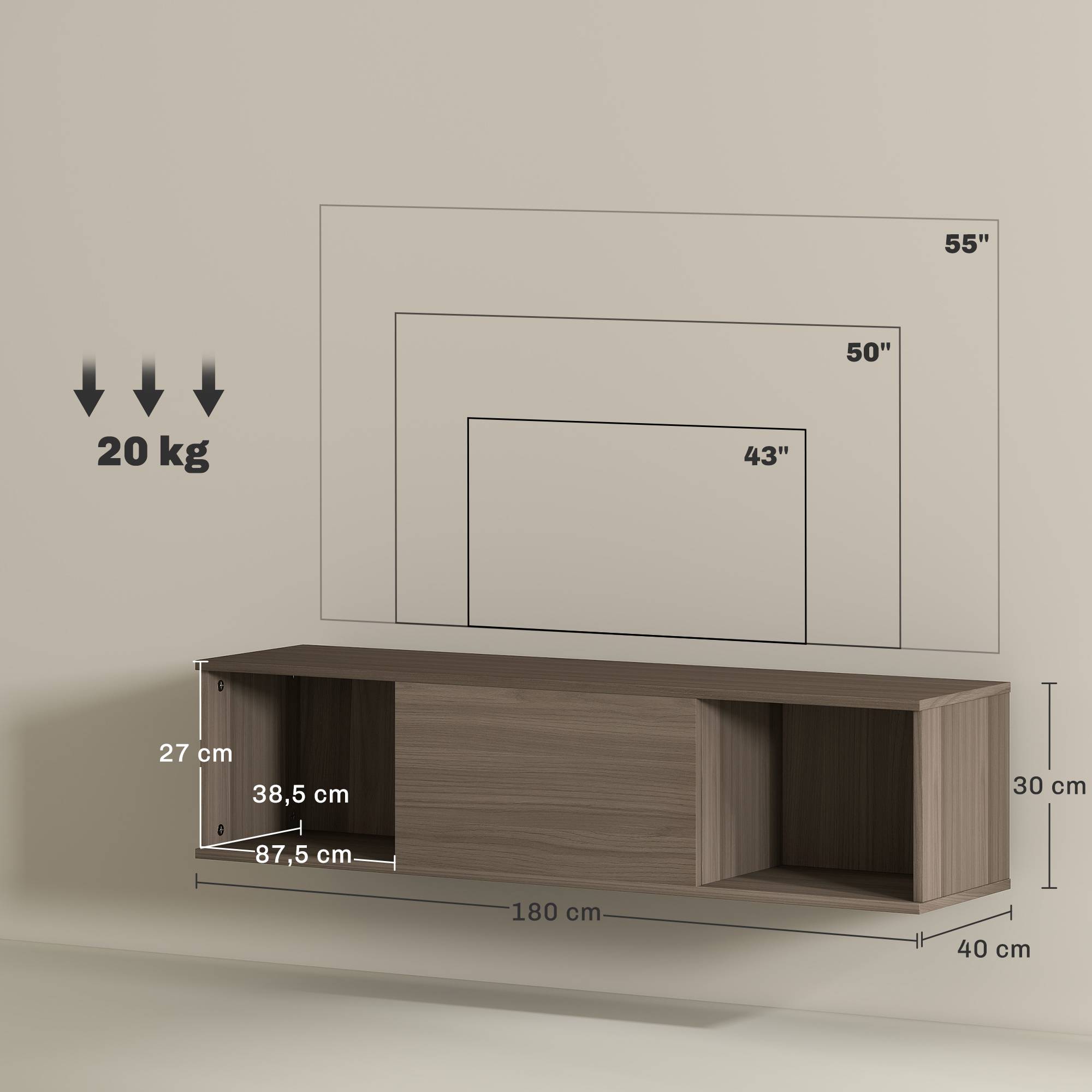 Sans Marque - Meuble TV suspendu armoire murale 2 compartiments ouverts porte rabattable 120x30x29,5 cm marron - Image 5