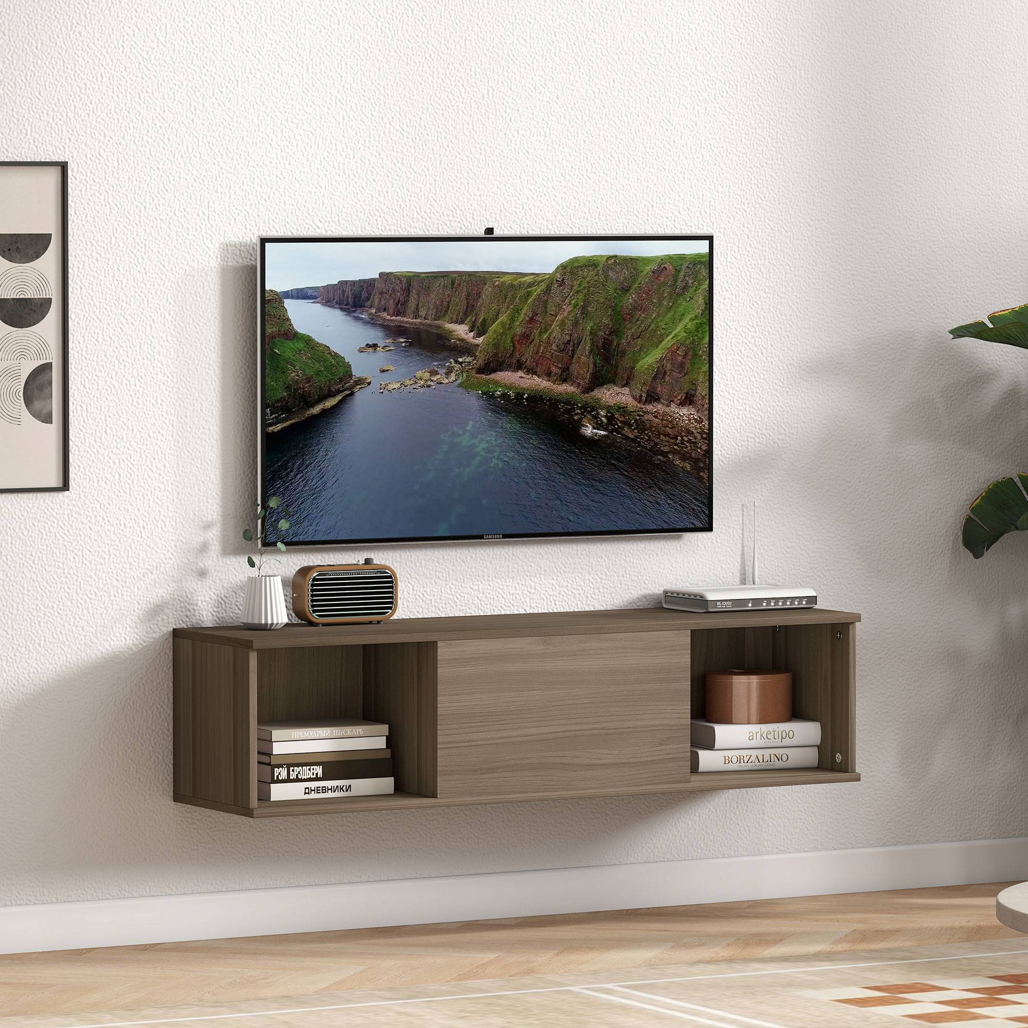 Sans Marque - Meuble TV suspendu armoire murale 2 compartiments ouverts porte rabattable 120x30x29,5 cm marron - Image 3