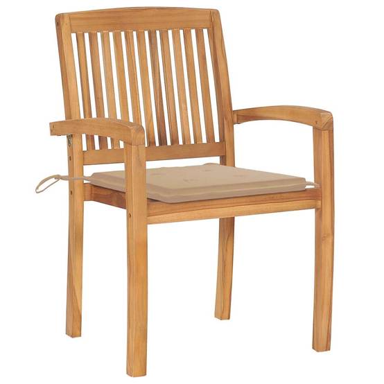 Chaises de jardin empilables Teck solide avec coussins beige 60 x 57.5 x 90 cm - PANGIVO - Image 3