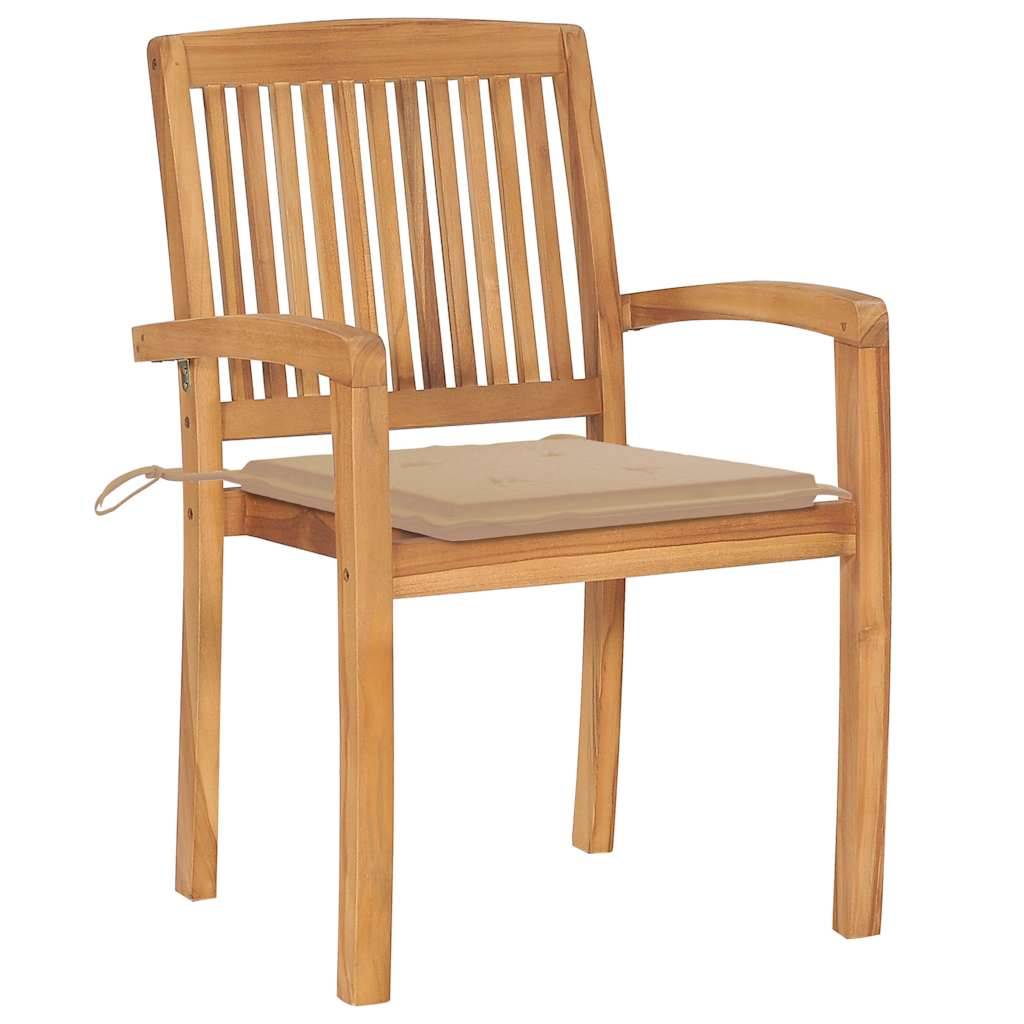 Chaises de jardin empilables Teck solide avec coussins beige 60 x 57.5 x 90 cm - PANGIVO - Image 3