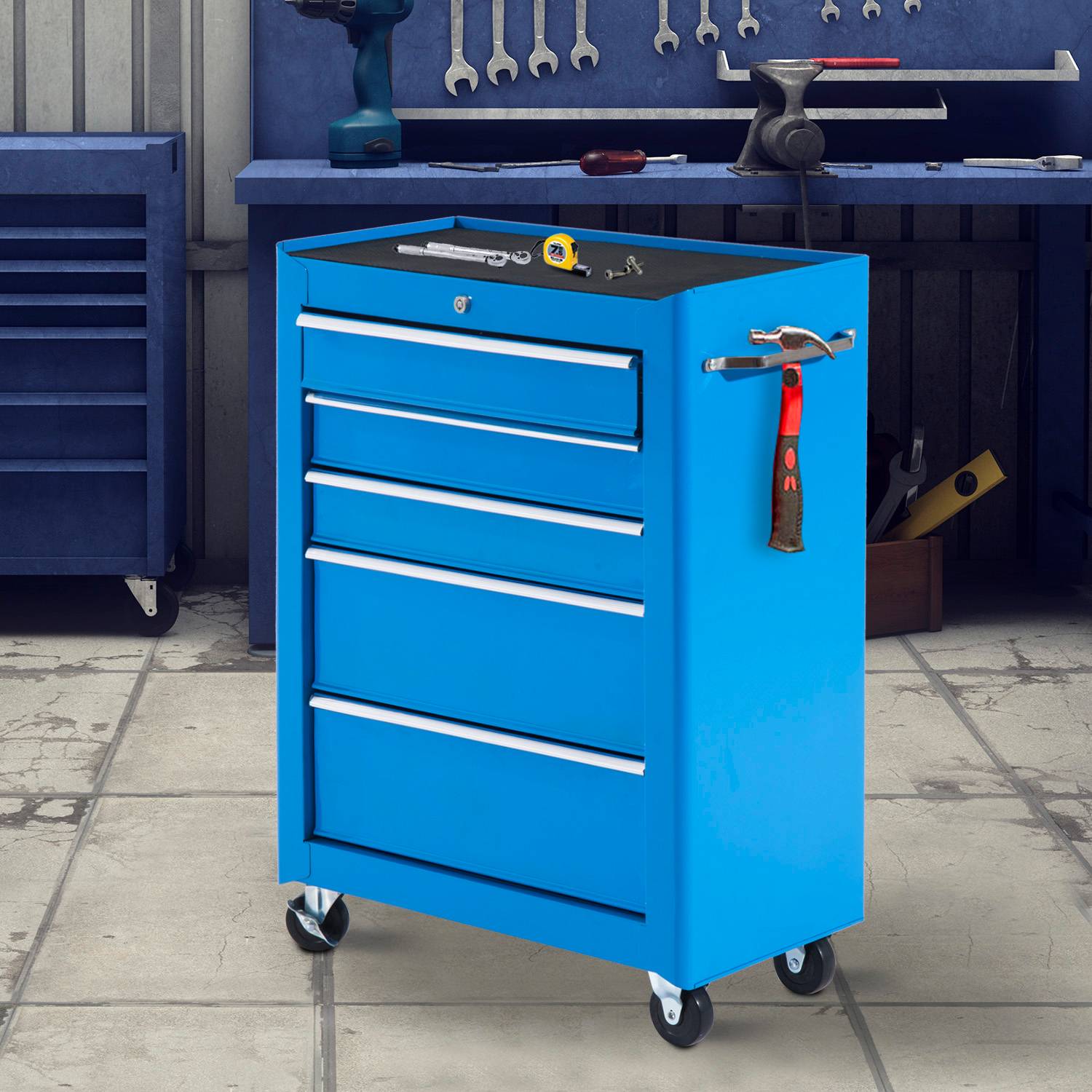 Servante d'atelier sur roulettes bleue, 68 x 39 x 71 cm - Image 4