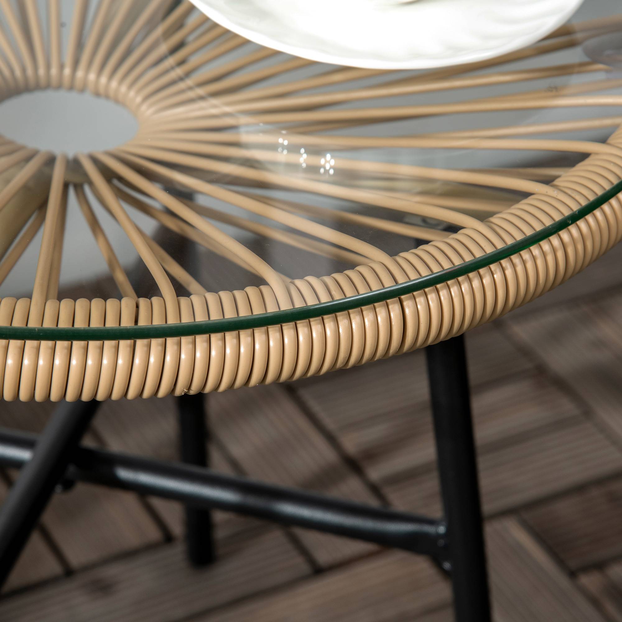 Table basse de jardin ronde style bohème résine tressée verre trempé 50x50cm beige - ComfortXL Outdoor Living - Image 10