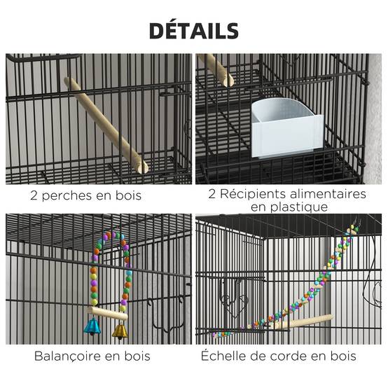Cage à oiseaux sur pied volière double avec mangeoires perchoirs plateau amovible étagère poignée et roulettes noir - Image 8