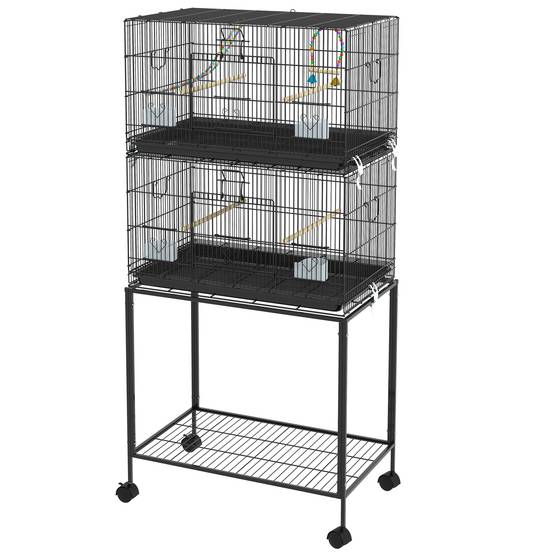 Cage à oiseaux sur pied volière double avec mangeoires perchoirs plateau amovible étagère poignée et roulettes noir - Image 2