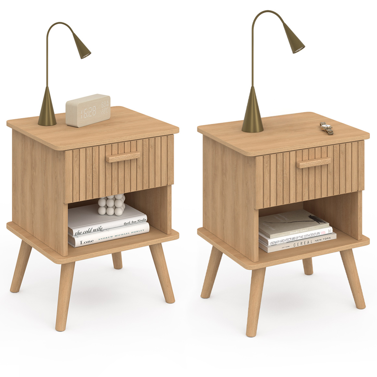 Lot de 2 tables de chevet JULIETTE 1 tiroir avec niche effet lattes tasseau bois - Image 2