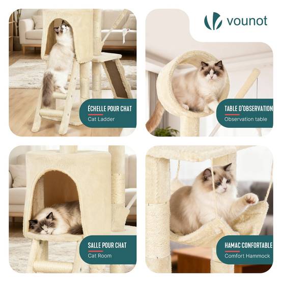 Arbre à chat 155cm multi niveaux beige - avec griffoir, niche, jouet et plateforme - arbre à grimper - VOUNOT® - Image 7