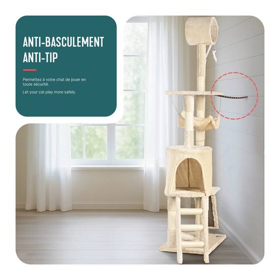 Arbre à chat 155cm multi niveaux beige - avec griffoir, niche, jouet et plateforme - arbre à grimper - VOUNOT® - Image 5