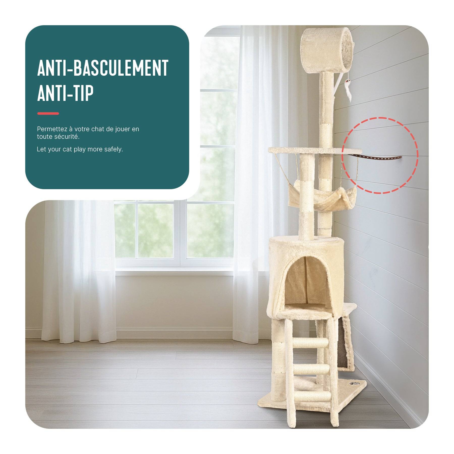 Arbre à chat 155cm multi niveaux beige - avec griffoir, niche, jouet et plateforme - arbre à grimper - VOUNOT® - Image 5