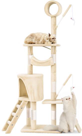 Arbre à chat 155cm multi niveaux beige - avec griffoir, niche, jouet et plateforme - arbre à grimper - VOUNOT®