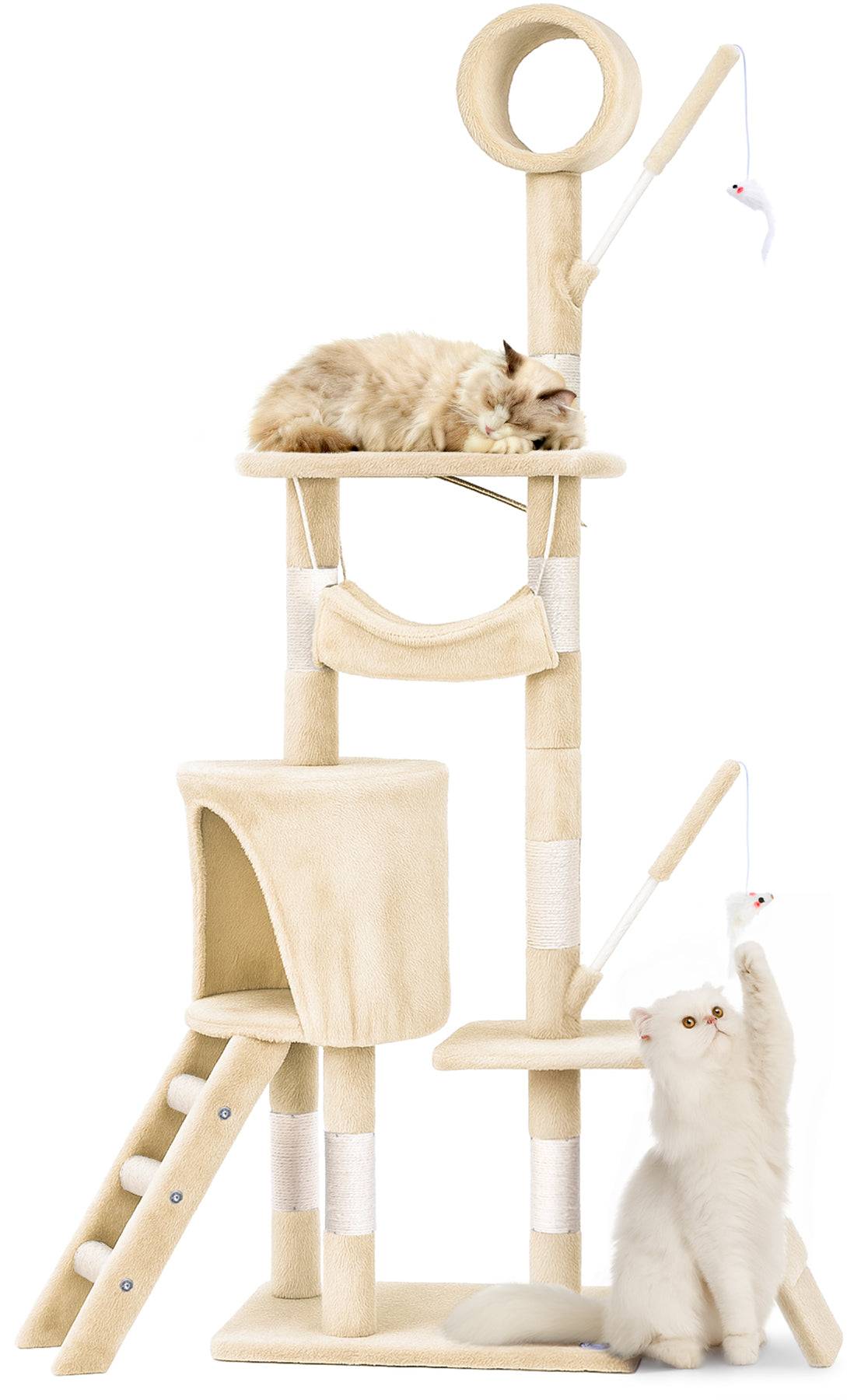 Arbre à chat 155cm multi niveaux beige - avec griffoir, niche, jouet et plateforme - arbre à grimper - VOUNOT® - Image 1