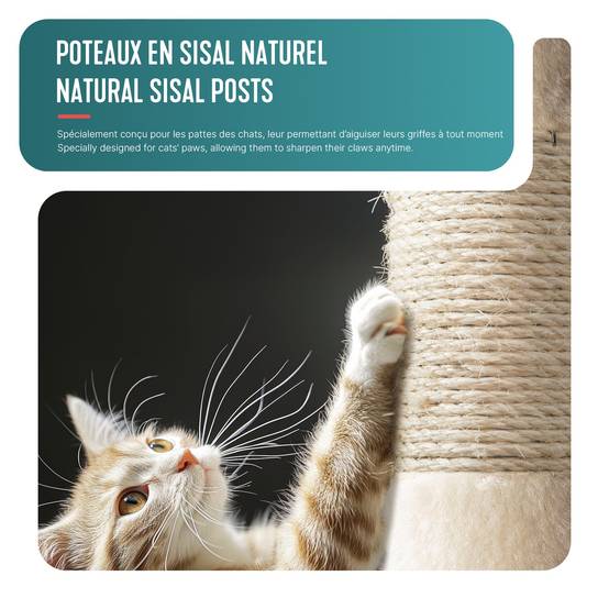 Arbre à chat 155cm multi niveaux beige - avec griffoir, niche, jouet et plateforme - arbre à grimper - VOUNOT® - Image 4