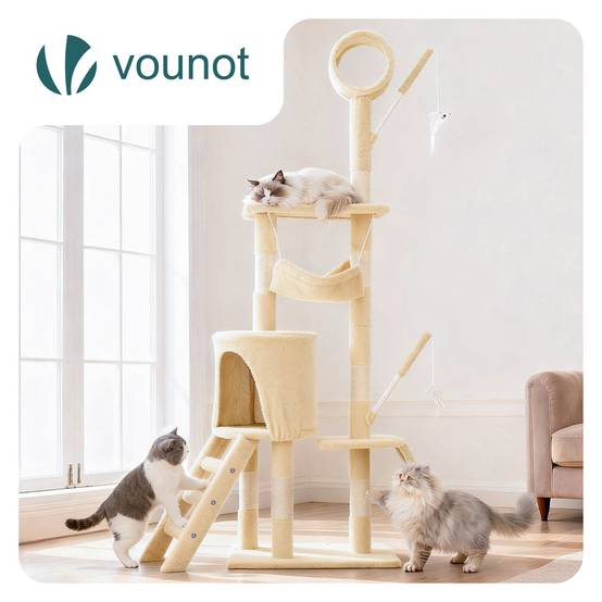 Arbre à chat 155cm multi niveaux beige - avec griffoir, niche, jouet et plateforme - arbre à grimper - VOUNOT® - Image 2