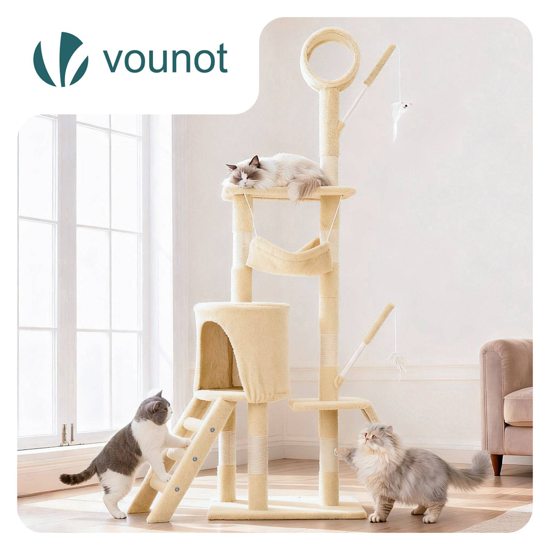 Arbre à chat 155cm multi niveaux beige - avec griffoir, niche, jouet et plateforme - arbre à grimper - VOUNOT® - Image 2