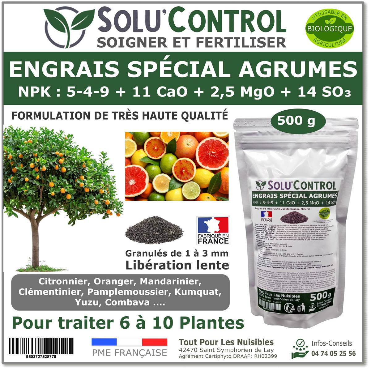 SOLU’CONTROL - Engrais Spécial Agrumes 500 g - Formulation haute qualité Organo-Minerale - Citronnier, Oranger, Mandarinier, Clémentinier...
