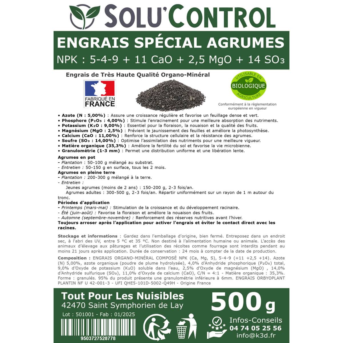 SOLU’CONTROL - Engrais Spécial Agrumes 500 g - Formulation haute qualité Organo-Minerale - Citronnier, Oranger, Mandarinier, Clémentinier... - Image 3