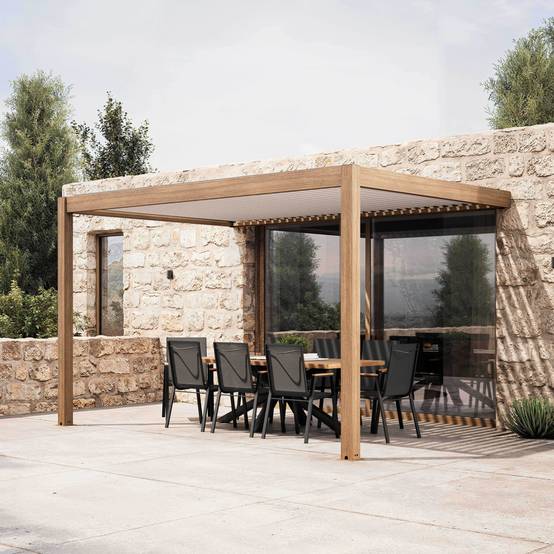 Oviala - Pergola bioclimatique adossée 3x4m et 3 stores bois blanc Thebes - Oviala - Image 3