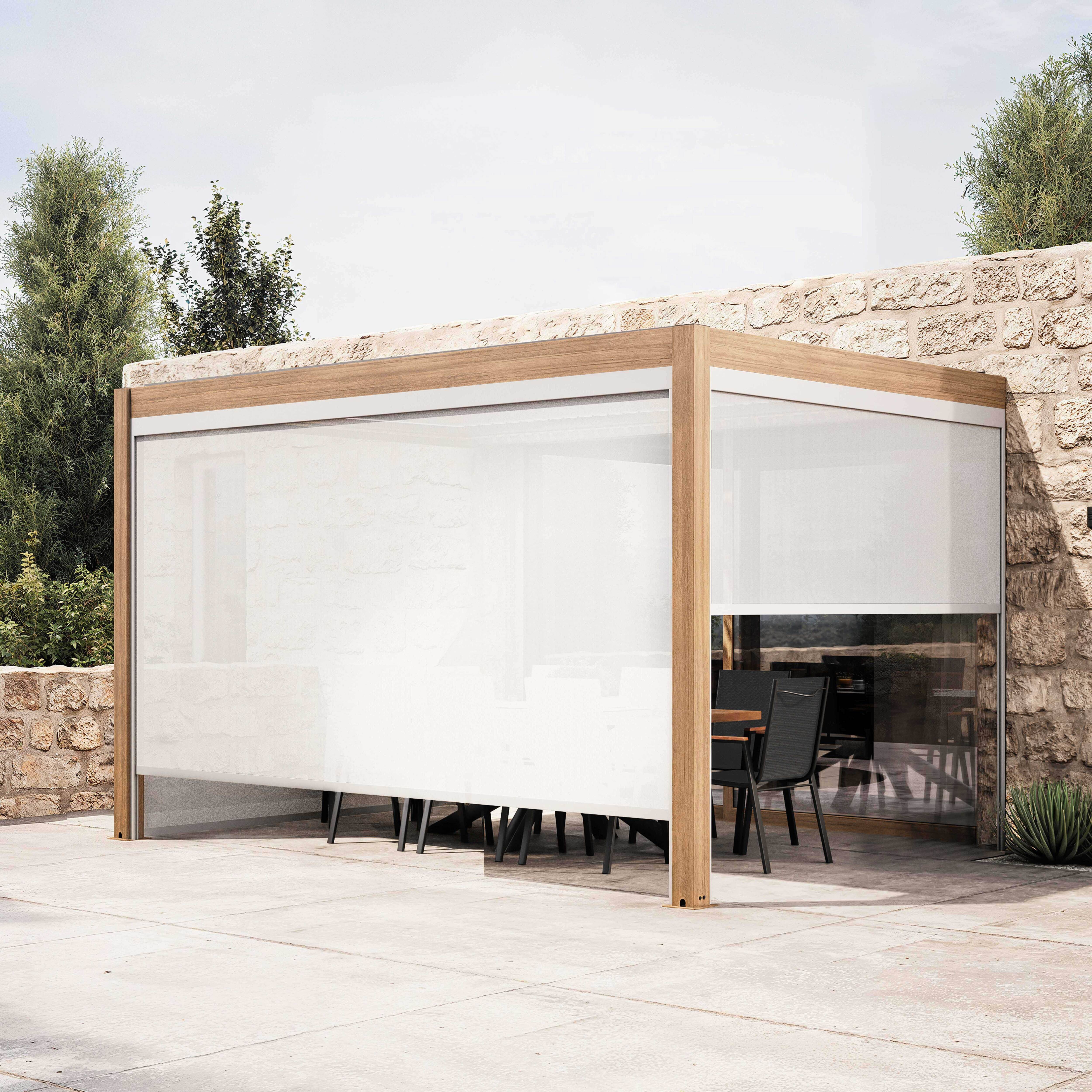 Oviala - Pergola bioclimatique adossée 3x4m et 3 stores bois blanc Thebes - Oviala - Image 1