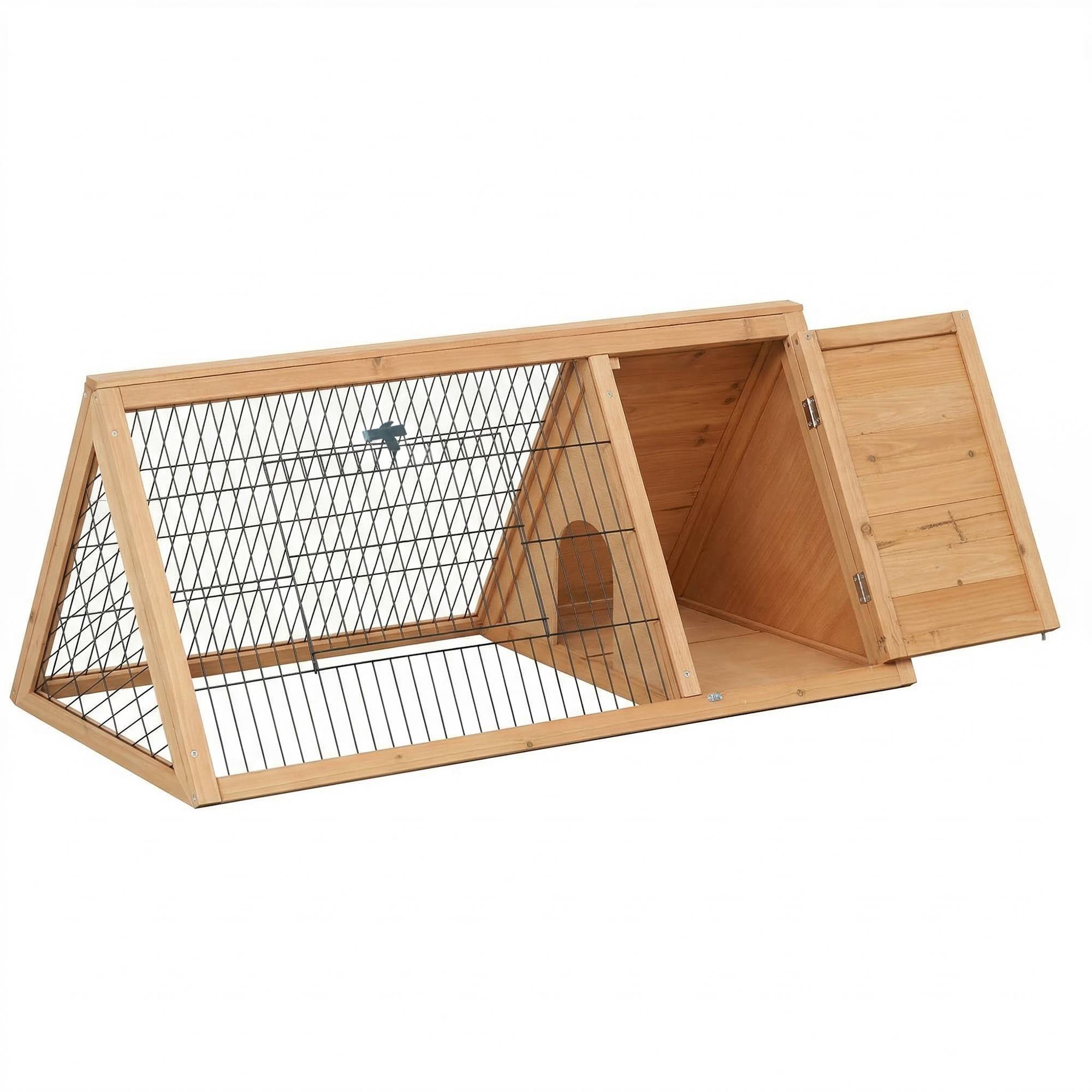 Cage à lapin triangulaire en bois naturel, 116 x 62,2 x 52,5 cm, avec portes et grillage métallique. - Image 1
