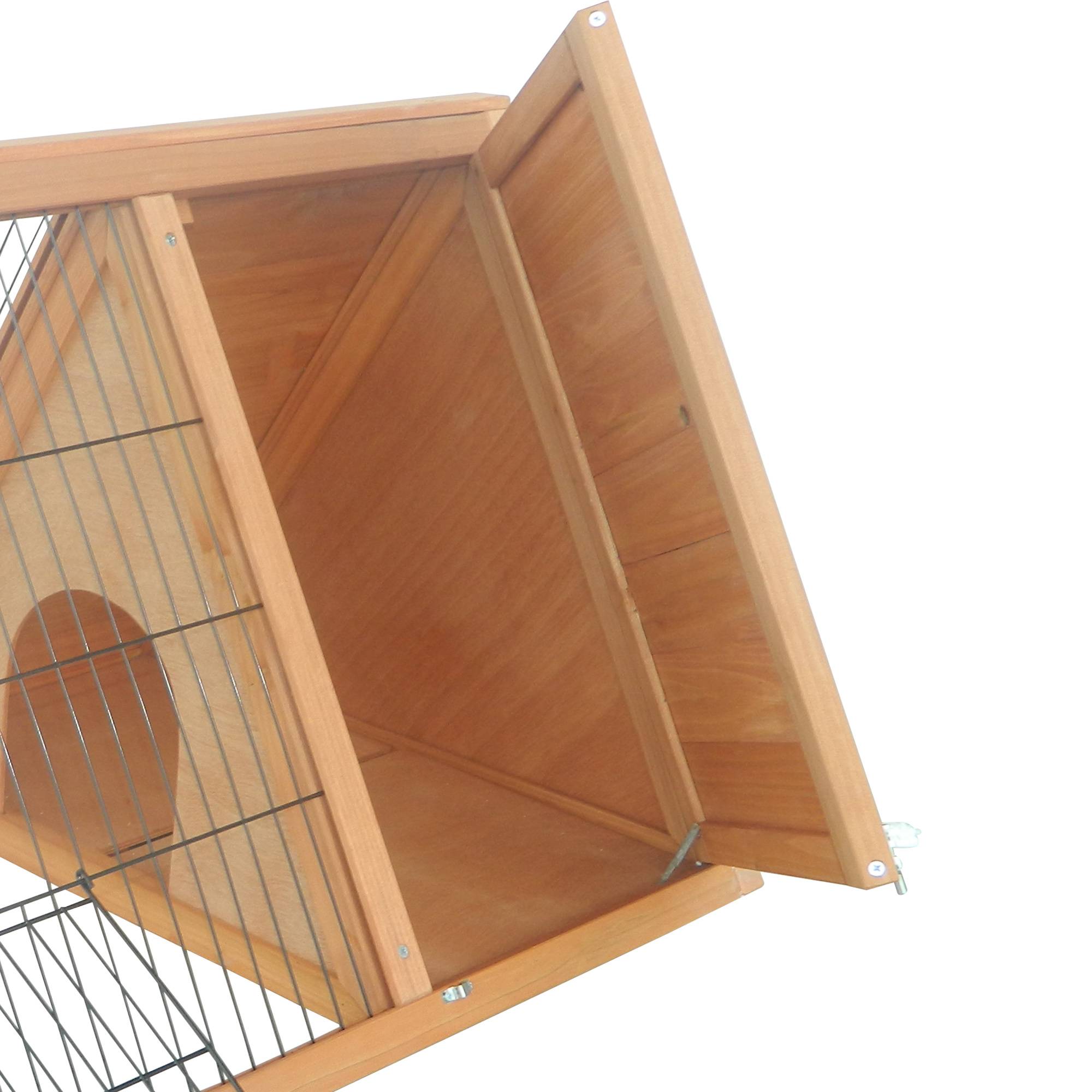 Cage à lapin triangulaire en bois naturel, 116 x 62,2 x 52,5 cm, avec portes et grillage métallique. - Image 10