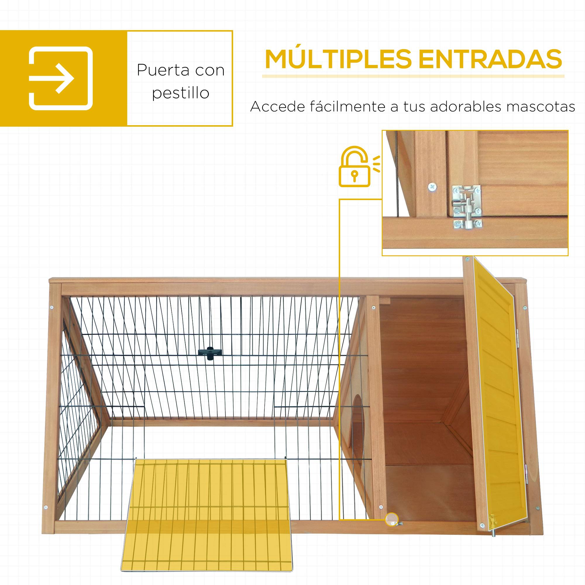 Cage à lapin triangulaire en bois naturel, 116 x 62,2 x 52,5 cm, avec portes et grillage métallique. - Image 7